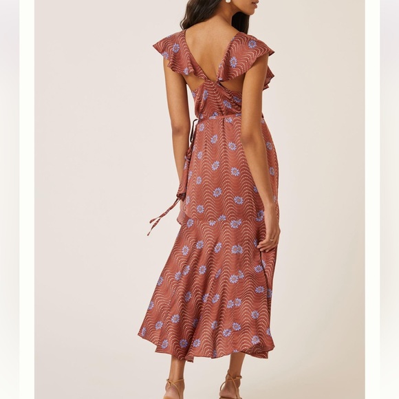 Anthropologie Ruffle Sleeve Printed Wrap Maxi Dress Brown Motif size XS - Picture 4 of 12